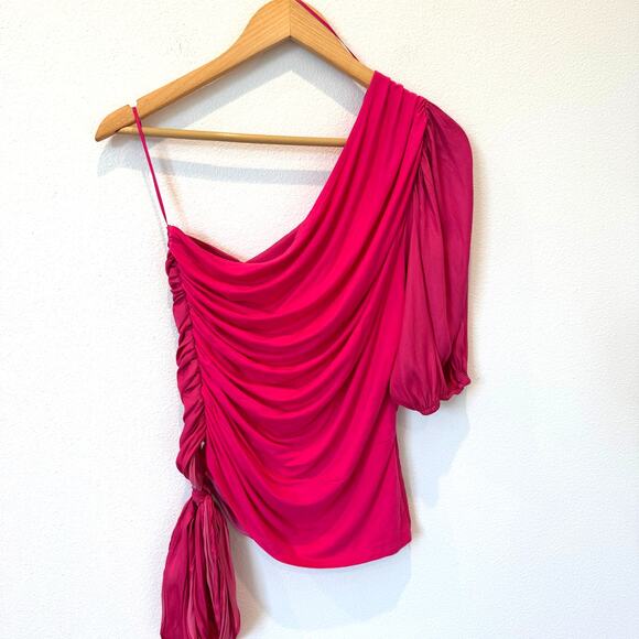 Anthropologie DOLAN Pink Ruched Single-Shoulder Asymmetric Blouse Small - Picture 15 of 15